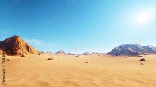 A vast desert landscape under a clear blue sky.