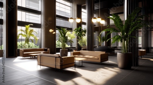 Modern lobby with seating and greenery, designed for relaxation.