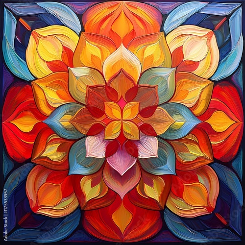 Wallpaper Mural Ein farbenfrohes Kaleidoskop aus Blumen, deren Blütenblätter zu einem kunstvollen Mandala in leuchtenden Ölfarben geformt sind. Torontodigital.ca