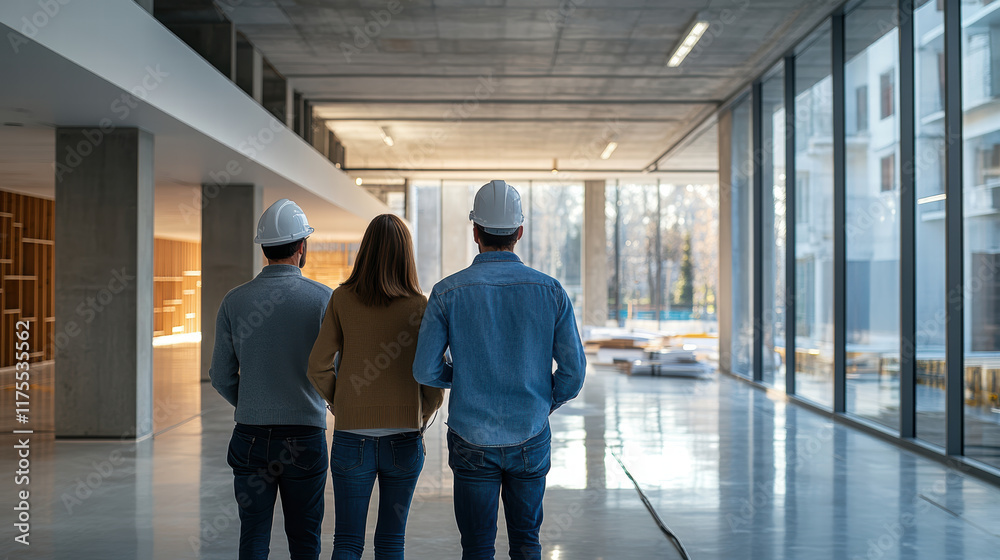 Construction professionals reviewing project plans in modern building. team, wearing hard hats, observes spacious interior, showcasing their collaboration and focus on safety Construction professionals reviewing project plans in modern building. team, wearing hard hats, observes spacious interior, showcasing their collaboration and focus on safety