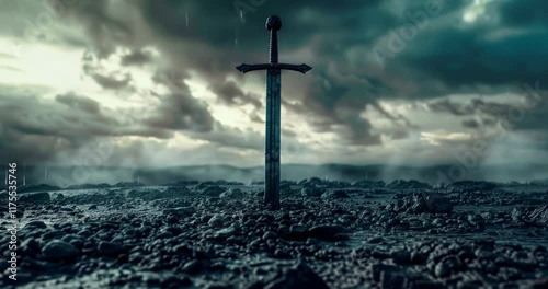 Sword Embedded in Ground with Rain in Dark Atmospheric Setting. Weathered Swords Embedded in Muddy Ground After Battle Scene. Sword embedded in stone.