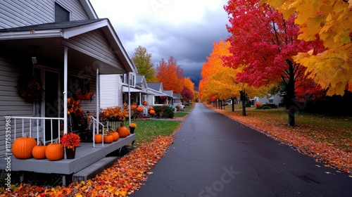 Autumn street scene with colorful foliage and pumpkins.