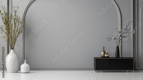 Minimalist interior with decorative vases and stylish furniture.