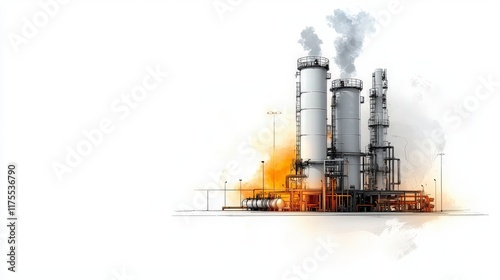 Industrial power plant with smokestacks, machinery, and orange flares emitting smoke on a white background