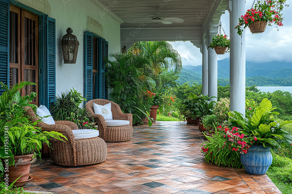 Fototapeta premium Tranquil Porch Overlooking Serene Lakeside Mountain View