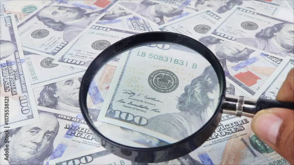 Closeup hand holding magnifying glass moving on lot of paper dollar bills Closeup hand holding magnifying glass moving on lot of paper dollar bills