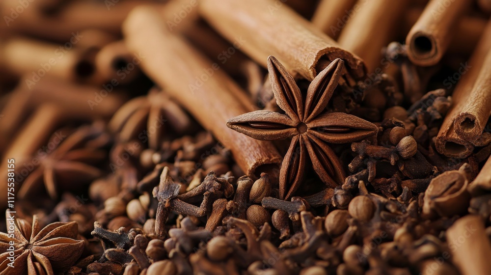 Warm and rustic spice composition featuring cinnamon sticks, star anise, and cloves sprinkled on a mound of aromatic cinnamon powder and whole cloves, perfect for seasonal cooking, baking, and holiday Warm and rustic spice composition featuring cinnamon sticks, star anise, and cloves sprinkled on a mound of aromatic cinnamon powder and whole cloves, perfect for seasonal cooking, baking, and holiday