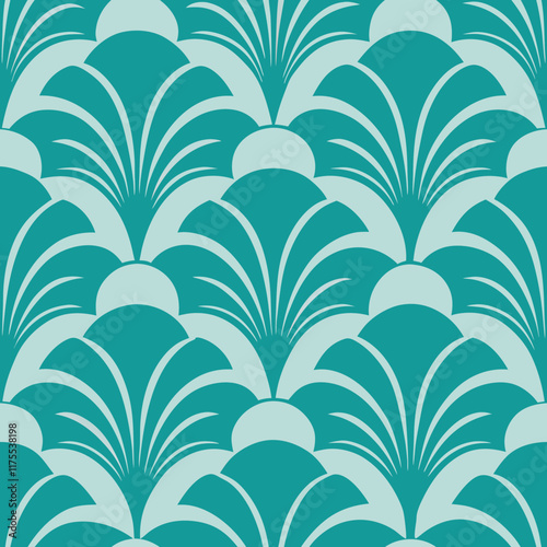 

A seamless design featuring turquoise waves with intricate Japanese art deco floral patterns, blending elegance and fluid motion in vibrant, flowing lines.