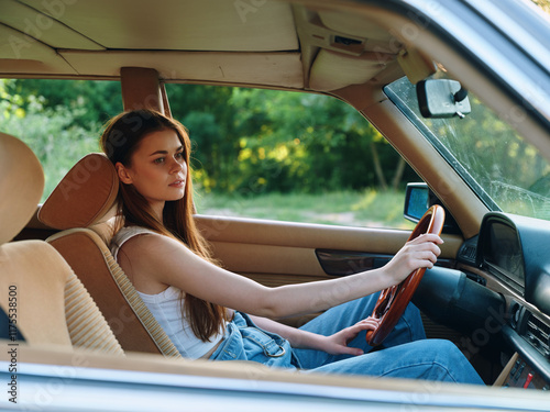 Young woman driving a vintage car, showcasing relaxed emotions and stylish denim outfit in a lush green environment. photo