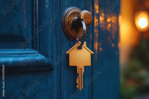 key hanging from a houseshaped keychain in a door keyhole symbolizing home ownership and new beginnings surrounded by soft light creating a welcoming atmosphere photo