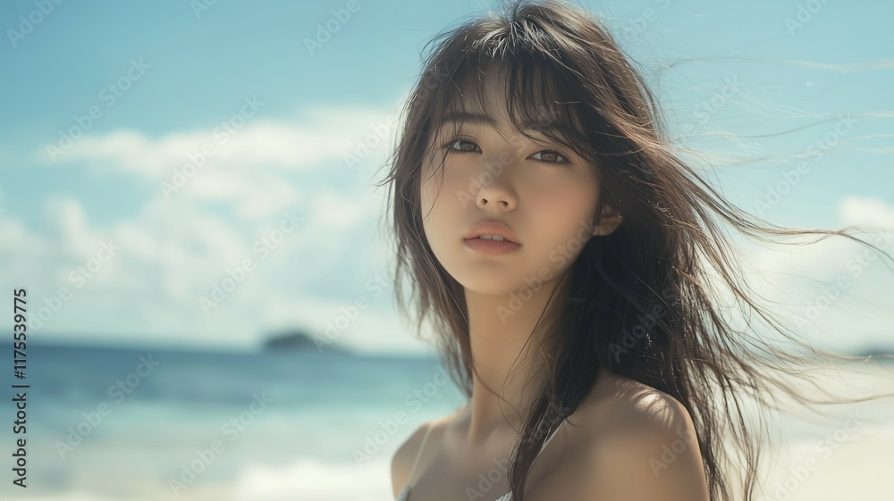 浜辺でドレスを着た日本人美女 浜辺でドレスを着た日本人美女