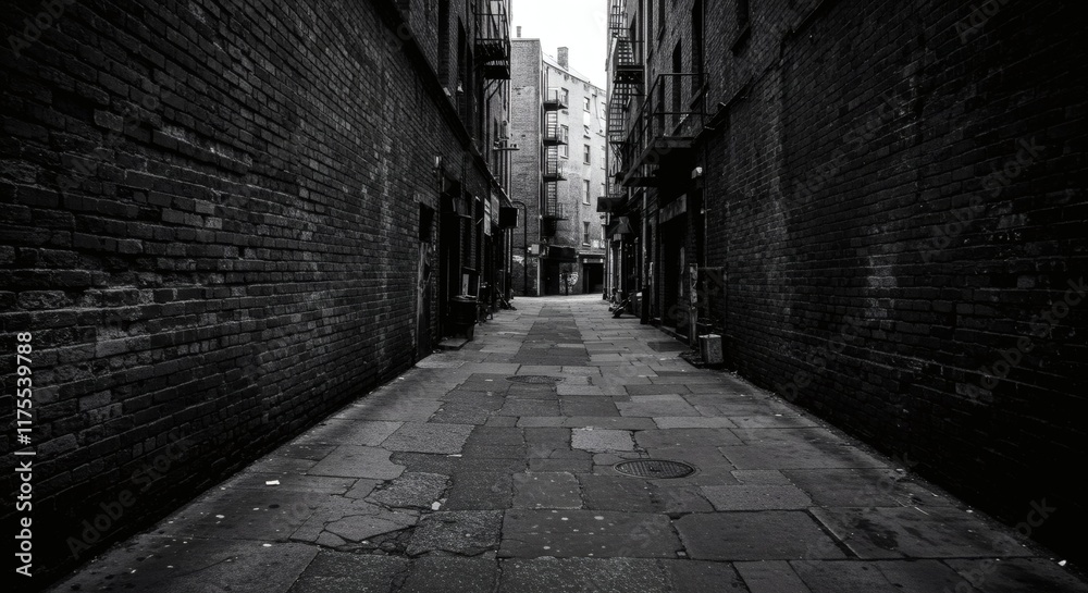 Atmospheric Black and White Photo of a Dark Brick Alleyway in the City Atmospheric Black and White Photo of a Dark Brick Alleyway in the City