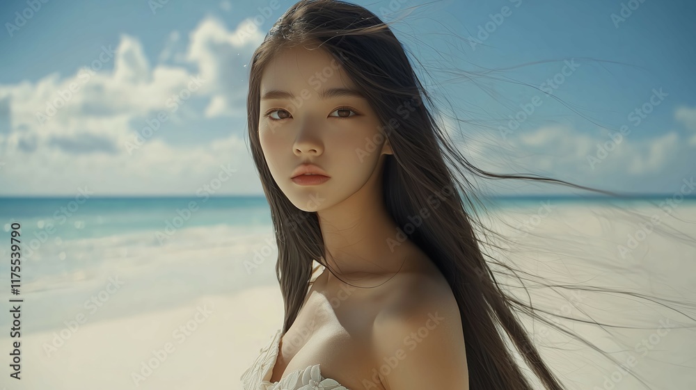 浜辺でドレスを着た日本人美女 浜辺でドレスを着た日本人美女