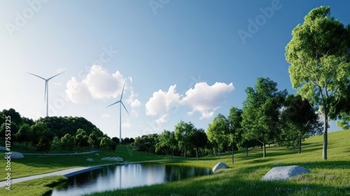 Scenic view of wind turbines and a serene pond in a green landscape.