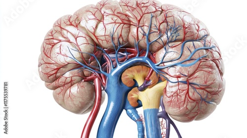Detailed illustration of the human brain and its vascular system.