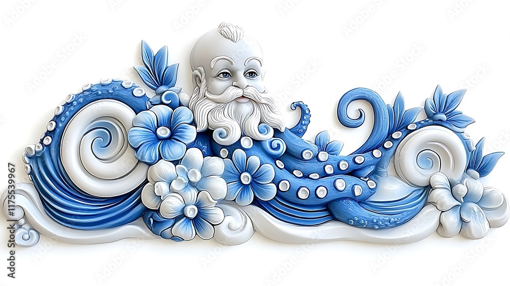 Obraz premium Blue White Octopus with Old Man Relief Sculpture