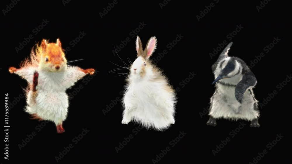 penguin Rabbit squirrel Dancing CG fur. 3d rendering, animal realistic CGI VFX, Animation Loop, composition 3d mapping cartoon, Included in the end of the clip with luma matte.