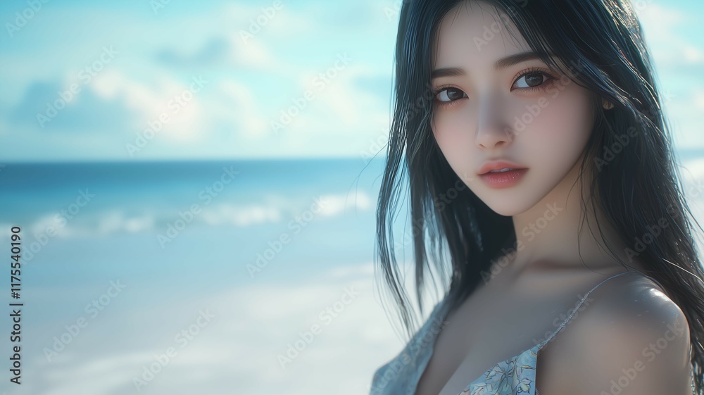 浜辺でドレスを着た日本人美女 浜辺でドレスを着た日本人美女