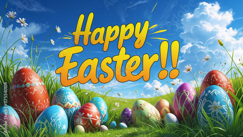 Decorated easter eggs lying in the grass with daisies and the text happy easter.. Superimposed on a blue sky