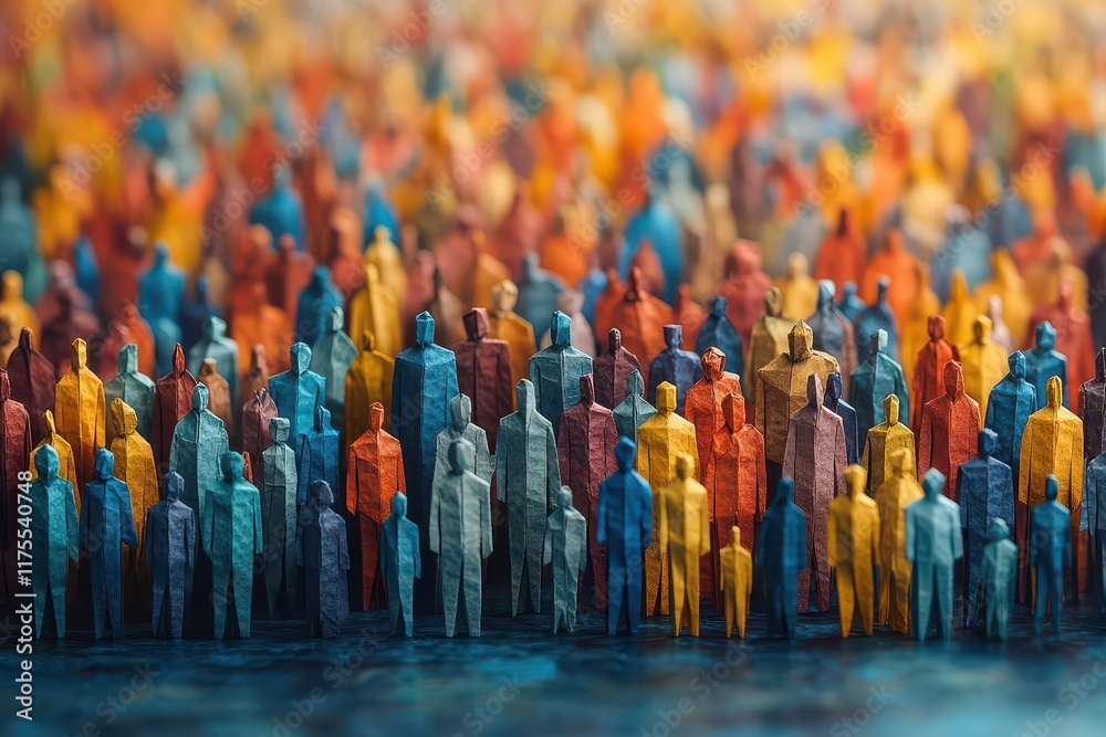 Fototapeta premium large crowd of diverse people depicted in intricate paper craft origami style symbolizing overpopulation and societal diversity with vibrant colors and thoughtful composition