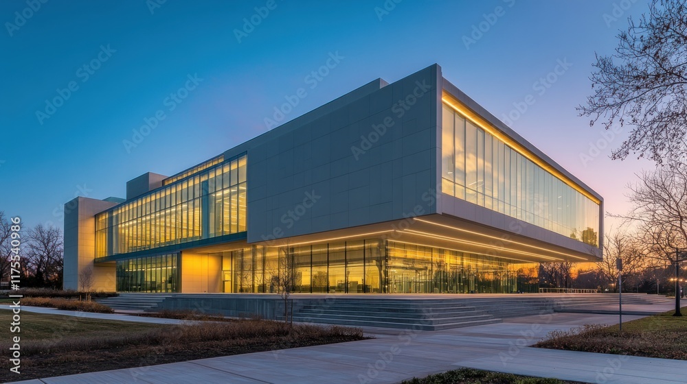 Modern building at dusk, illuminated windows, wide steps, landscaping. Modern building at dusk, illuminated windows, wide steps, landscaping.