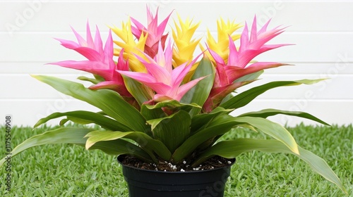 Vibrant potted plant with pink and yellow flowers.