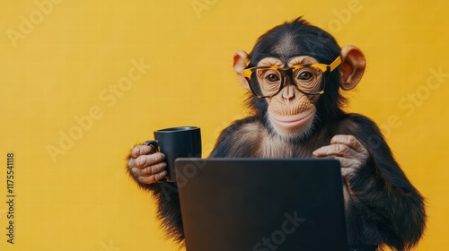 Cheerful Monkey Balancing a Laptop Bright Yellow Background Fun Image Playful Environment Close-Up View Whimsical Concept