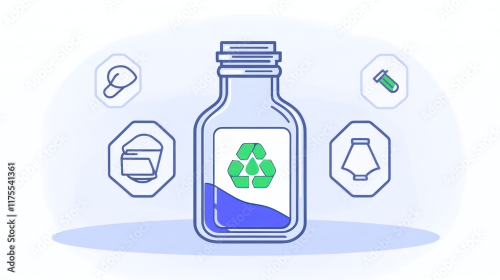 A bottle with a recycling symbol, surrounded by eco-friendly icons. A bottle with a recycling symbol, surrounded by eco-friendly icons.