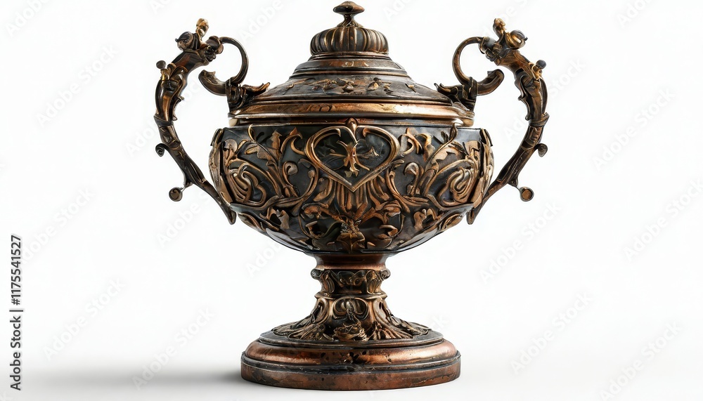 A 3D 4K ornate bronze urn with intricate floral and vine motifs. The urn features elegantly sculpted handles and a decorative lid, showcasing a timeless and regal design. A 3D 4K ornate bronze urn with intricate floral and vine motifs. The urn features elegantly sculpted handles and a decorative lid, showcasing a timeless and regal design.