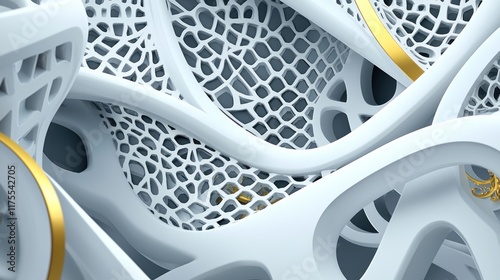 Abstract white structure with intricate patterns and golden accents.