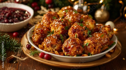 Golden brown turkey stuffing balls with herbs, rich gravy, and cranberry sauce on rustic platter photo