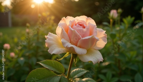 Single Rose with Dewdrops on Petals Against Blurred Green Garden Background in Soft Morning Light