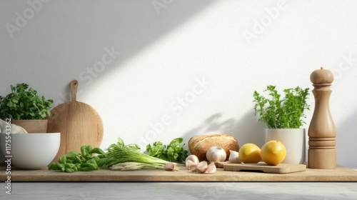 Fresh ingredients arranged on a kitchen countertop for cooking.