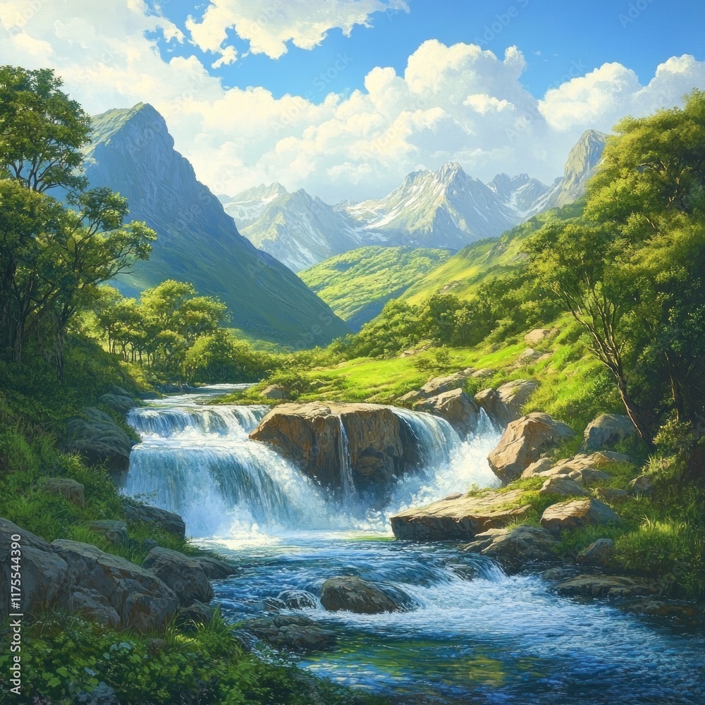 Fototapeta premium Serene waterfall cascading down rocky terrain amidst lush greenery and majestic mountains under a vibrant sky.