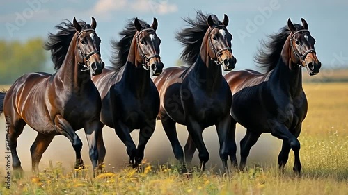 A group of galloping horses running through a field, showcasing their strength and grace footage