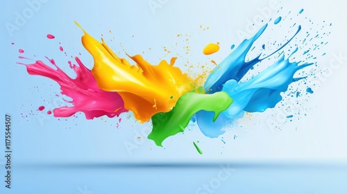 Colorful paint splashes on a blue background, showcasing creativity.