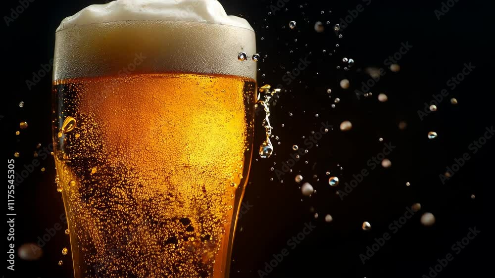 Abstract animation of lager beer with vigorous foam splashing on dark background