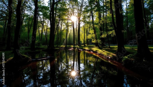 Sunlit forest reflections, tranquil stream photo