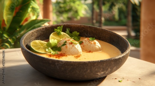 A bowl of creamy soup garnished with lime and herbs.