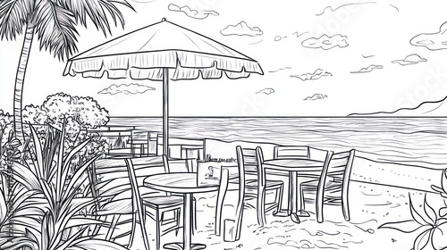 Beach cafe sketch, ocean view, tropical plants, menu, relaxing photo