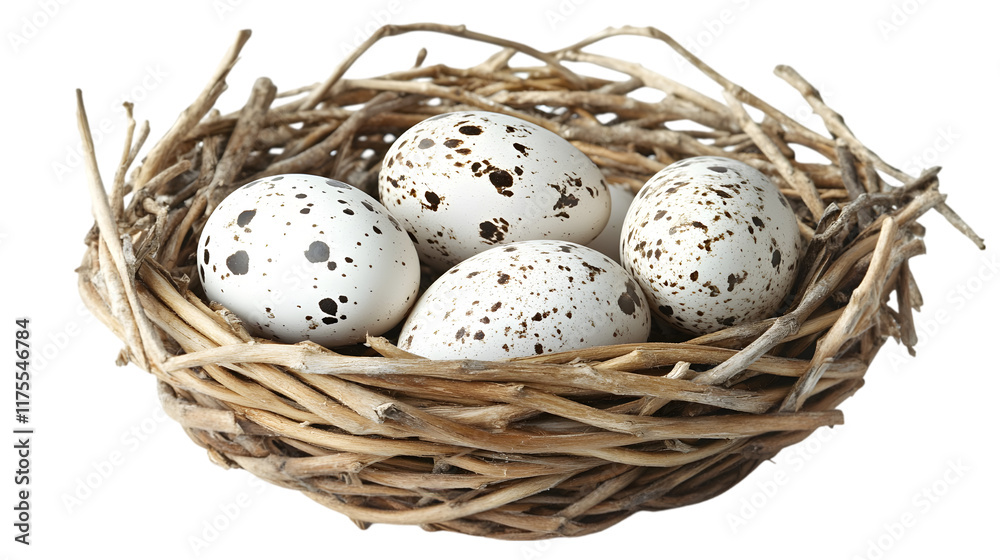Four speckled bird eggs in a rustic twig nest Spring nature new life Easter delicate Four speckled bird eggs in a rustic twig nest Spring nature new life Easter delicate