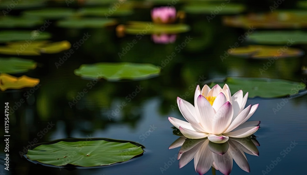 Peaceful lotus flower in a serene pond, tranquil water lilies, reflecting beauty Peaceful lotus flower in a serene pond, tranquil water lilies, reflecting beauty