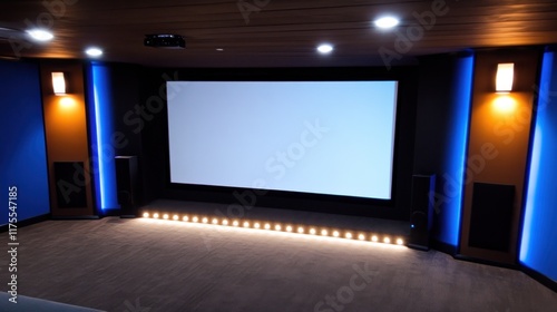 Modern home theater with a large screen and ambient lighting.