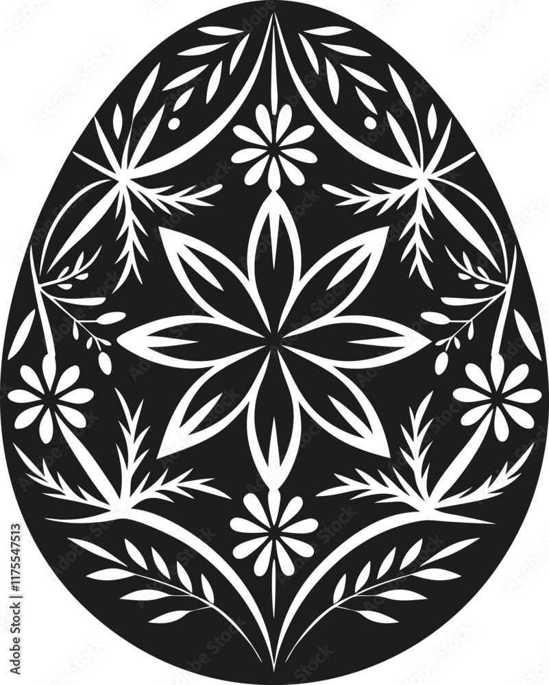 Intricate Floral Easter Egg Silhouette - Black Vector Design