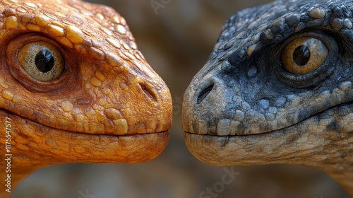 Two reptiles with different colored heads are facing each other