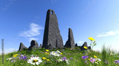 Ruins of an ancient stone tower surrounded by wildflowers.