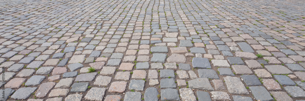 Fototapeta premium Cobblestone pavement with grass growing between stones 