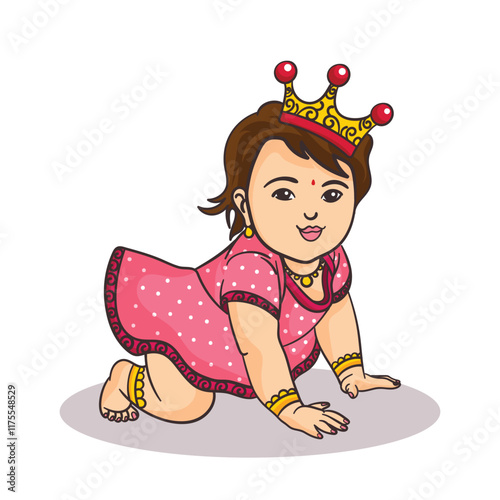 Adorable Baby Girl in a Crown Crawling Illustration