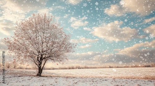 Snowy field, lone tree, winter sunset, snowfall, nature