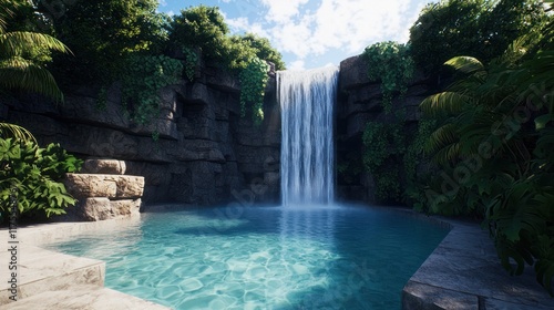Serene waterfall cascading into a tranquil pool surrounded by greenery.